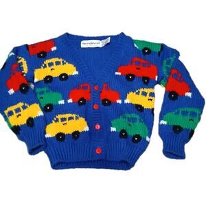 Vintage The Eagle’s Eye Kids Sweater Size 4-5 Blue Knit Car Pattern Button Front